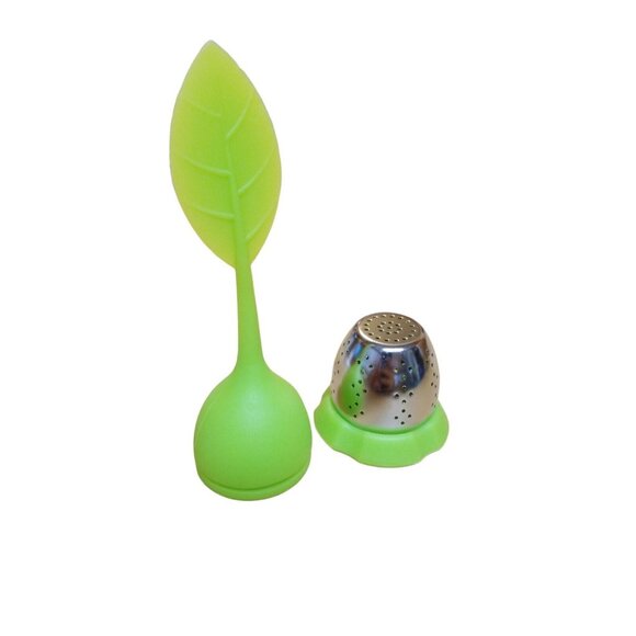 Tea Infuser Silicone Green Leaf Handle Stainless Steel Strainer With Drip Tray - Picture 6 of 6